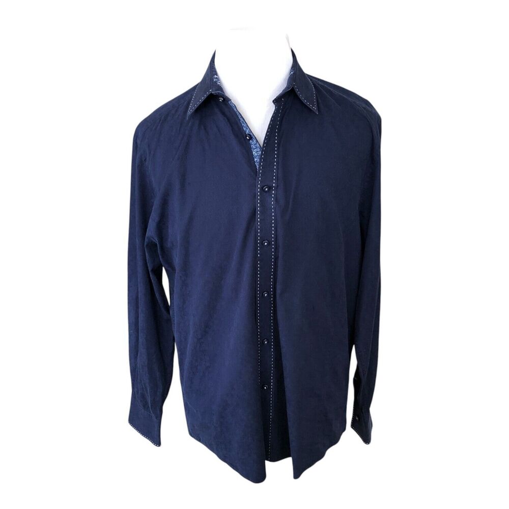 Zagiri Men Navy Long Sleeve Button Down White Stitching Emroidery Dress Shirt XL